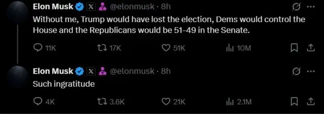 Two posts on X by Elon Musk say Trump would have lost the election without him and says he isn
