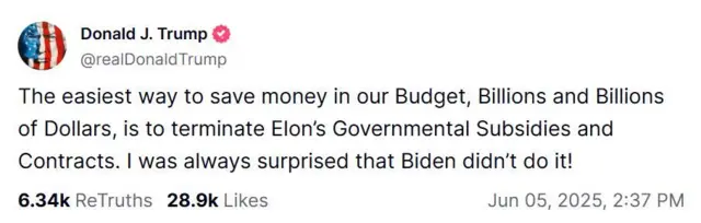 Trump posts on Truth Social and threatens to axe government contracts with Musk